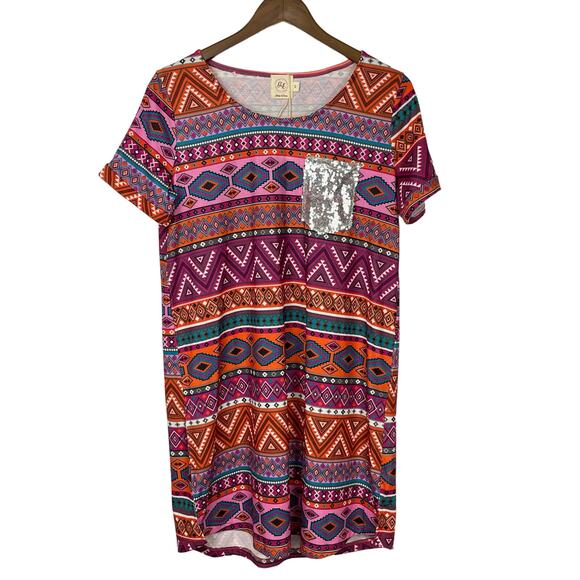 Grace & Emma | NWT Colorful Aztec Print Sequin Pocket Shift Dress - Picture 1 of 6